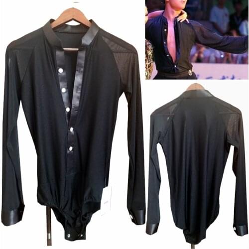 New Latin Dance Tops Adult Practice Clothing MenS V-Neck Black Long SLeeves Training Suit Competition Outfit Shirt VDB2595