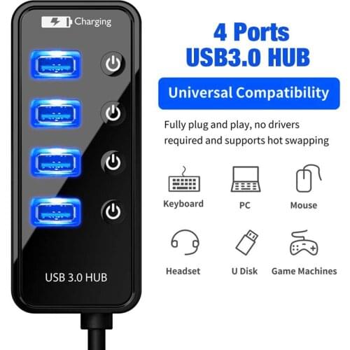 USB Hub 4-Port USB 3.0 Hub USB Adapter With On/Off Switches For PC Laptop Computers Accessories USB Splitter USB3.0 LED Display