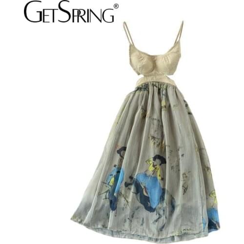 Getspring Women Dress Hollow Out Sleeveless Vintage Print Dresses Women Color Matching Long Sexy Girls Summer Dresses Women 2021