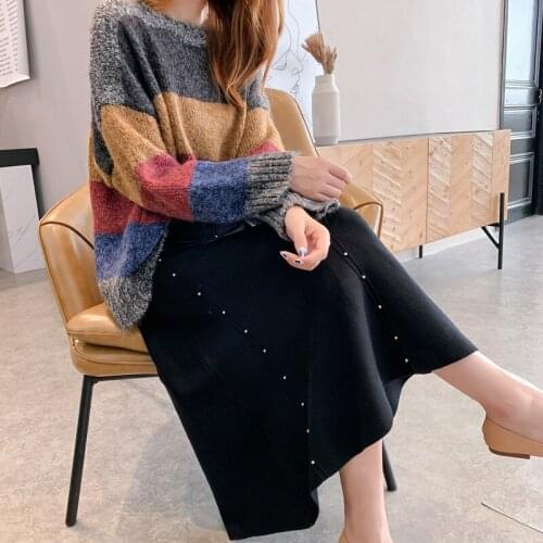 Midi Knitting Skirt Women Autumn Winter Elegant High Waist A-Line Beading Skirts Female Long Warm Faldas Saia Jupe Femme