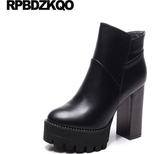 Ankle Round Toe Booties Shoes Fashion Ladies Extreme Fetish High Heel Chunky Waterproof Black Size 34 Platform Short Side Zip