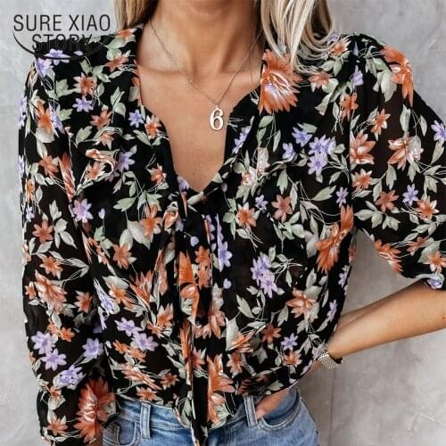 2021 Summer Petal-Sleeved Floral V-Neck Shirts Women Tops Bow Blouses Office Lady Casual Sexy Vintage Print Blusas Mujer 14884