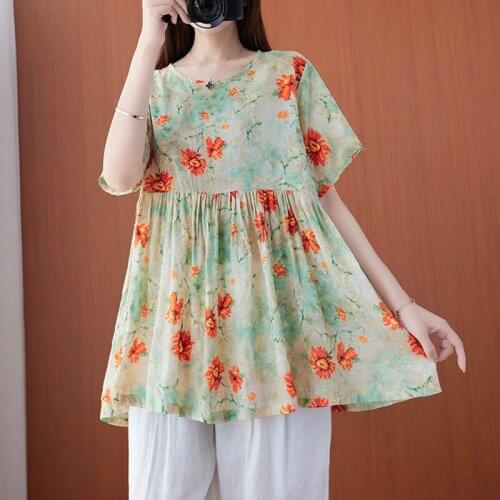 Women Summer Cotton Linen Casual T-shirts New Arrival 2021 Vintage Style Floral Print Loose Female Short Sleeve Tops Tees B436