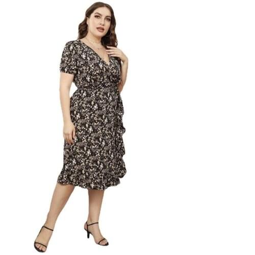 Women Long Dress Short Sleeve Floral Print High Waist Summer Casual Loose Dress Vintage Bohemia V-neck Plus Size Vestido Fashion