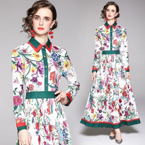 Womens Shirt Collar High Waist Floral Print Elegant Pleated Robe Femme Vestido Autumn Boho Holiday Long Sleeve Maxi Dress 8599