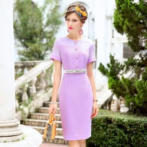 Office lady New slim Solid Lace 2021 summer dress womens O-neck print stitching split professional patchwork skirt