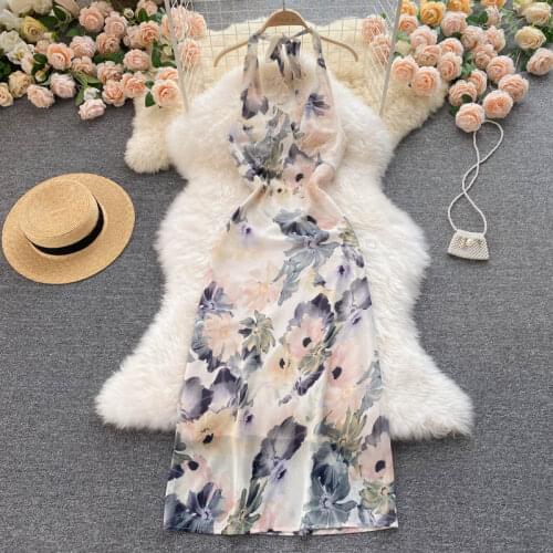 2021 Summer New Fashion Temperament Vestidos Womens V-neck Seaside Holiday Printing Slim Halter Midi Dress DK1033