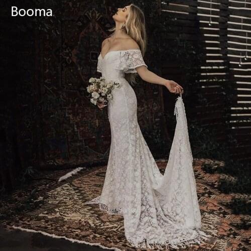 Booma Sweetheart Lace Wedding Dresses 2020 Off the Shoulder Tassel Trumpet Bride Dresses Buttons Long Wedding Gowns vestidos