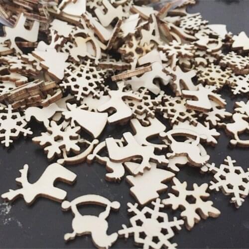 100pcs Wooden Ornaments Mini Christmas Theme Natural Wood Slices Decorative Wooden Cutout Slices DIY Craft Xmas Decorations