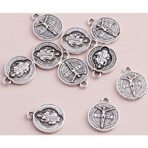 10pcs Antique Silver Color Small Round Carved Letters Jesus Pendants Making Necklaces &Bracelets DIY Trinket 13x13mm
