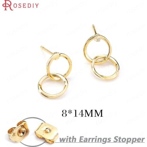 34639)6PCS 8*14MM 24K Gold Color Brass Double Round Circle Stud Earrings Pins High Quality Diy Jewelry Findings Accessories