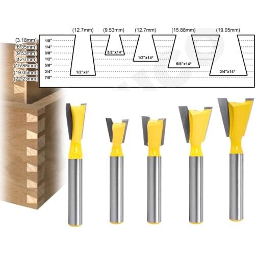 5 sets of dovetail milling cutter 14 Degree 1/2" shank for wood cutting Engraving Bit Two Flutes Professional Dovetail Cutter