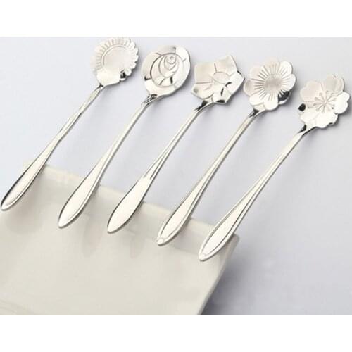 5pcs Stainless Steel Flower Shape Spoon Tea Spoon Ice Cream Scoop For Kitchen Multifunction Supplies