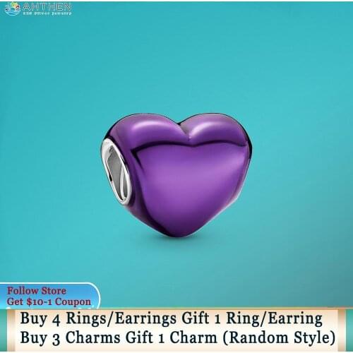 Ahthen 925 Sterling Silver Beads Metallic Purple Heart Charm fit Original Pandora Bracelets for Women Jewelry Making Gift