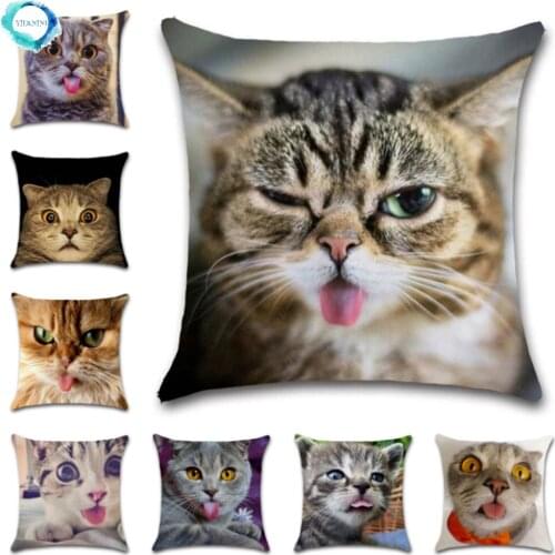 Aniamls Pet Cat with Tongue Out Decor Cushion Cover Kitty Polyester Throw Pillow Cover Decorative for Home Sofa Seat Bedroom