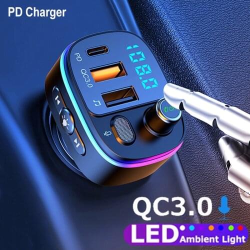 JINSERTA Car Bluetooth5.0 FM Transmitter Type-C + QC3.0 Fast Charger with Cars Atmosphere Light In-Car Mp3 Player Lossless Music