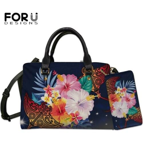 FORUDESIGNS Luxury Womens Shoulder Bags And Purses Set Hawaii Plumeria Hibiscus Tropical Polynesian Style Top-handle Bags Mujer