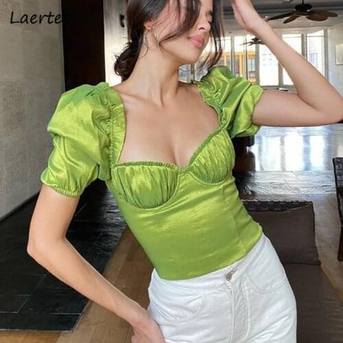 Laertes Womens Summer Crop Top Short Sleeve T-Shirts Drawstring Backless Ruched Sexy Satin Skinny Woman Clothes Party Tees