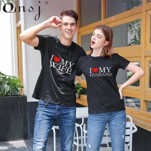 2021 New Hot Summer Cool Matching Couple T Shirts I Love My Wife& I Love My Husband Letter Print Lover Outfits for Him and Her