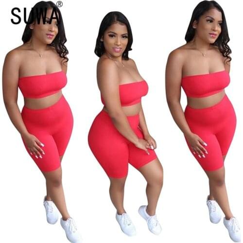 New arrive women solid tracksuit slim fit 2 pieces strapless top and short pant suit lady two pieces track suit