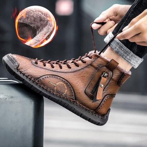 New Handmade Mens Casual Shoes Man Walking Sneakers Male Outdoor Footwear Flat Loafer Lace-up Ankle Boots Plush Warm Snow Boot