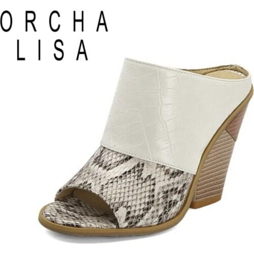 ORCHA LISA 2021 Slippers Alligator Texture Patchwork Peep Toe Slingbacks 10cm Strange Chunky Heel US17 Black White Yellow A4331