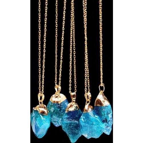 1PC Blue Crystal Necklace Natural rough Gem stone Pendant Quartz Crystal Point Healing Stone Long Chain Home Decor