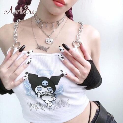 ArtSu Y2K Gothic Demon Print White Camis Punk Sexy Metal Chain Patchwork Camisole Harajuku Streetwear Backless Crop Tops VE52478