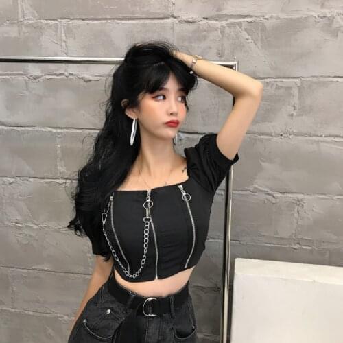 2020 short ice silk design dark retro girl street chain square neck top hard Girl Bubble Sleeve T-Shirt top