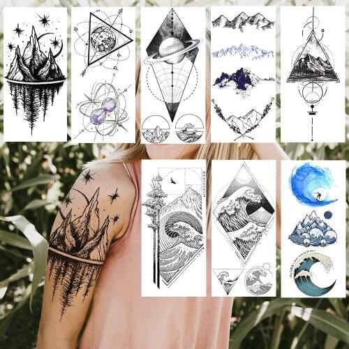 Black Planets Mountain Temporary Tattoos Realistic Fake Waterproof Tattoos Sticker Geometric Wave Body Art Tatoos For Women Men