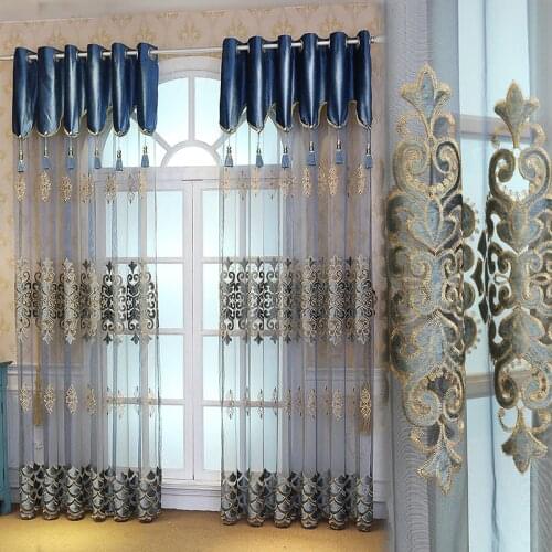 Custom curtain europe classical window embroidery flower tassle blue flannel livingroom bedroom tulle sheer yarn M618