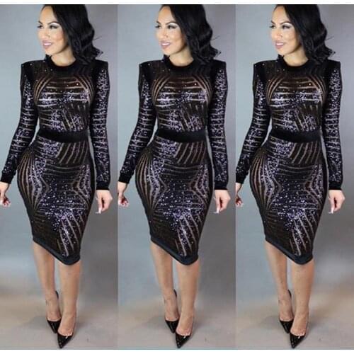 Women Clothing Black Long Sleeve Sequin Bodycon Dress Vestido De Festa Sexy Night Club Party Dress Autumn