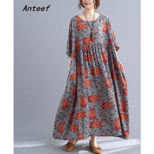 Short sleeve cotton vintage floral dresses for women casual loose long woman summer dress elegant clothes 2021