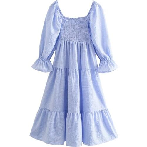 2021 Fashion Women Sky Blue Plaid Print Summer Dress Za Vintage Puff Short Sleeve Back Bow Ladies Midi Dress