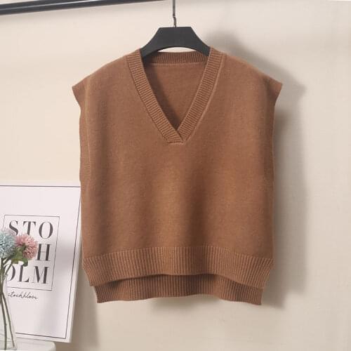 Fashion Leisure Solid Color Knitted Vest Women Spring And Autumn New Loose V-neck Wool Vest Short Sweater Waistcoat Lady Coat