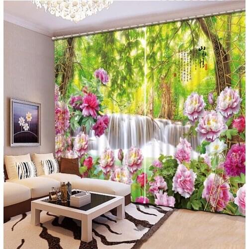 Blooming flowers Waterfall Curtains House Decor, Sunny Day on a lake green Dense forest Sunshine Curtain for Living room Bedroom