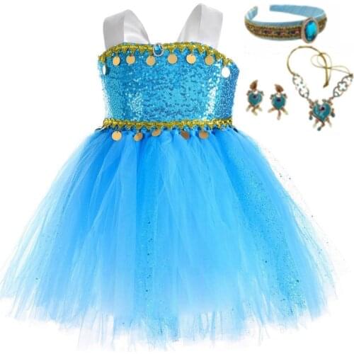 Kids Girls Princess Jasmine Cosplay Costumes Children Halloween Christmas Party Sequined Blue Belly Dance Dress Arabian Costume