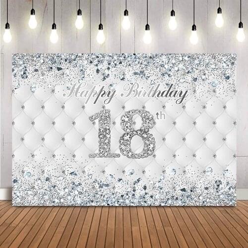 18th Birthday Backdrop White Heardboard Adult Bar Mitzvah Birthday Background for Photo Studio Sliver Diamonds Photo Backdrop