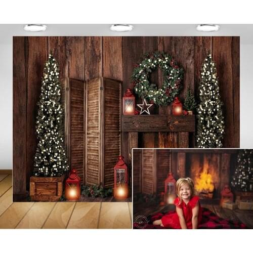 Fireplace Christmas Photography Background Winter Xmas Portrait Photocall Christmas Trees Lamp Brown Wood Wall Wreath Backdrop