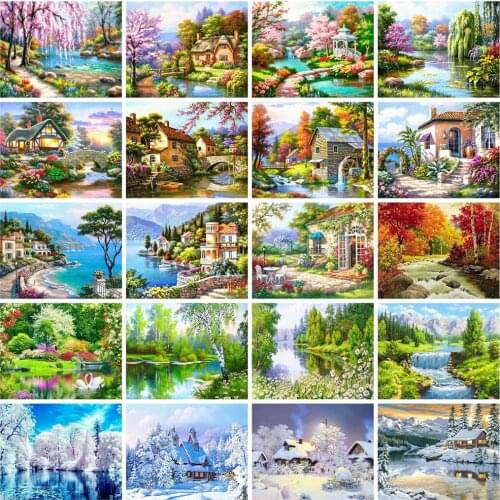 Canvas Size 5d Embroidery Cross Stitch Landscape Spring Season Diamond Painting Full Square Mosaic Tree Lake Winter Puzzle