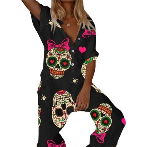 New European And American Fashion Printed Skull Jumpsuit Womens Loose Adult V-neck Short Sleeve Overalls