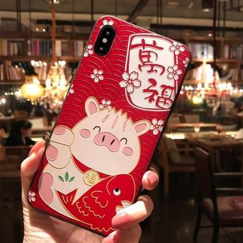 Cute 3D Embossed Phone Case for iPhone X XS XR 11 12Pro MAX 6 7 8 Plus SE2 Capa Soft Back Covers Lucky Cat Pig Matte Cases Coque