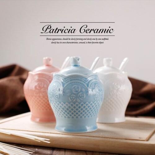 Ceramic Bone China Caster Salt Sugar Pot Set (3 Pcs) with Engraving Rose Pattern for Kitchen Cooking