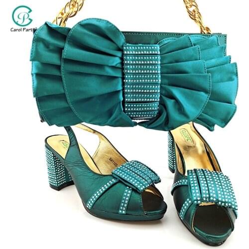 New Arrival Teal Color Italian Design African Hot Selling Nigerian Style Elegant Ladies Shoes and Bag Set for Party Wedding