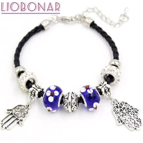 New Arrival Blue Lampwork Murano Glass Bead Braid Leather Bracelet Hands Charm Bracelet for women Jewelry Gift Bijoux Pulsera