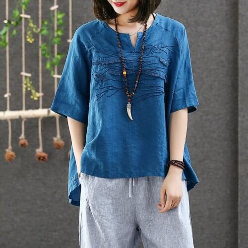 Original Vintage Embroidery Cotton Linen Tops Short Sleeved Loose Breathable T Shirts High Quality Irregular Women Solid Tees