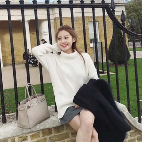 Autumn Winter Womens Turtle Neck Front Short Back Long Loose Plaid Sweater Pullover