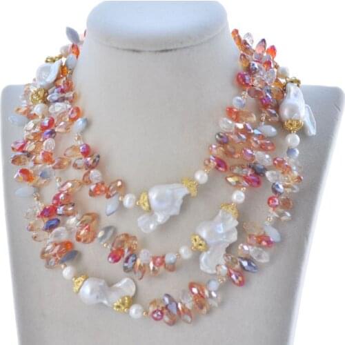 P7517 50" 25mm White Baroque Keshi Pearl Multicolor Faceted Crystal Necklace