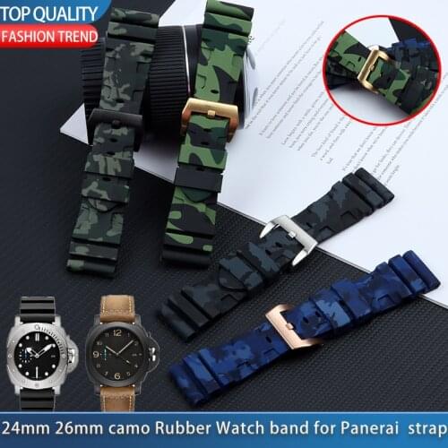 24mm 26mm Green Camo Rubber Silicone Watch band Replacement for Panerai Strap For PAM44 Steel Pin buckle watchband Bracelets