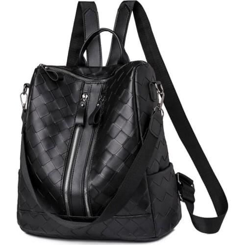 Backpack Women 2021 Fashion Luxury Woven Pattern PU Leather Backpacks High Quality Large Capacity Leisure Travel Bag Pack Black